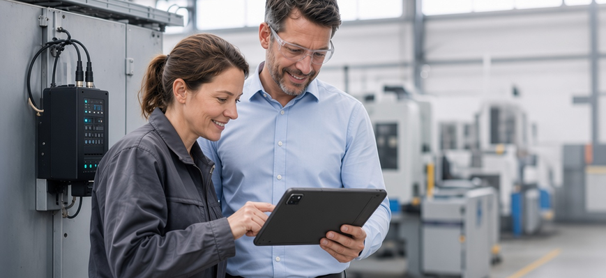 Zwei Personen in einer Maschinenbauhalle prüfen per Tablet ein Industriegerät; Keyvisual zur CRA-Readiness im Maschinenbau.