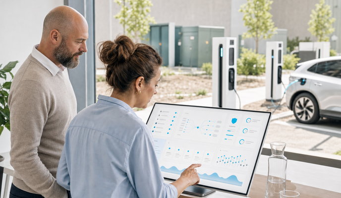 Two professionals review a CPO integration dashboard in a bright workspace, with EV charging stations and a charging vehicle visible in the background. – AI-generated image