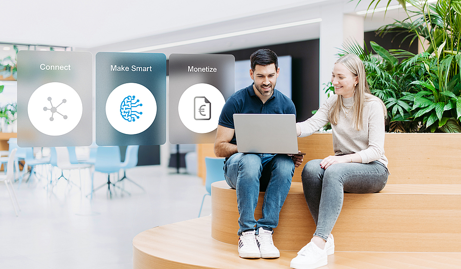 Two people sitting with a laptop. Next to them are three floating icons, of which the middle one is highlighted.