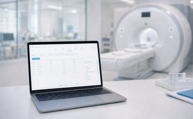 A laptop with an update management interface in front of an MRI scanner. – AI-generated image