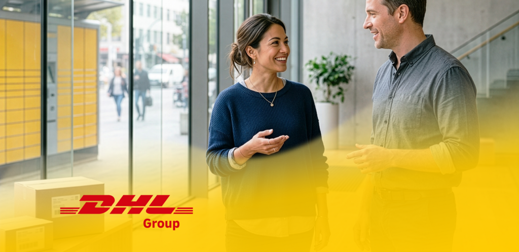 Two people talking in front of a DHL parcel station in a modern building. DHL logo at the bottom.