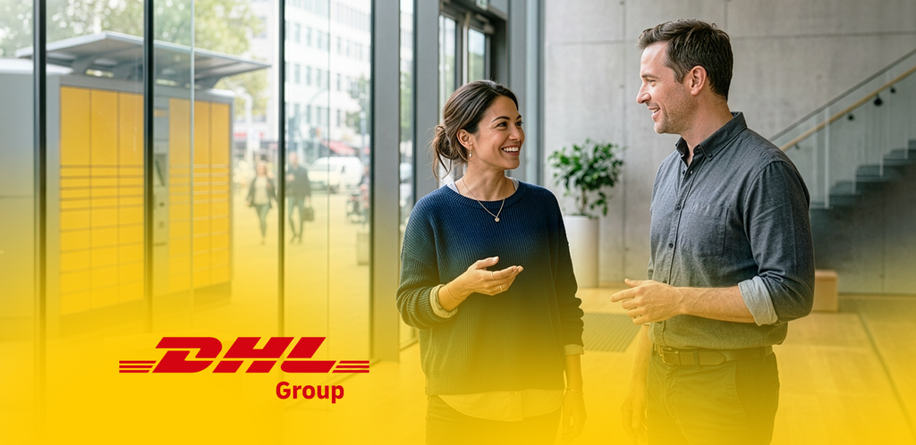 Two people talking in front of a DHL parcel station in a modern building. DHL logo at the bottom. – AI-generated image