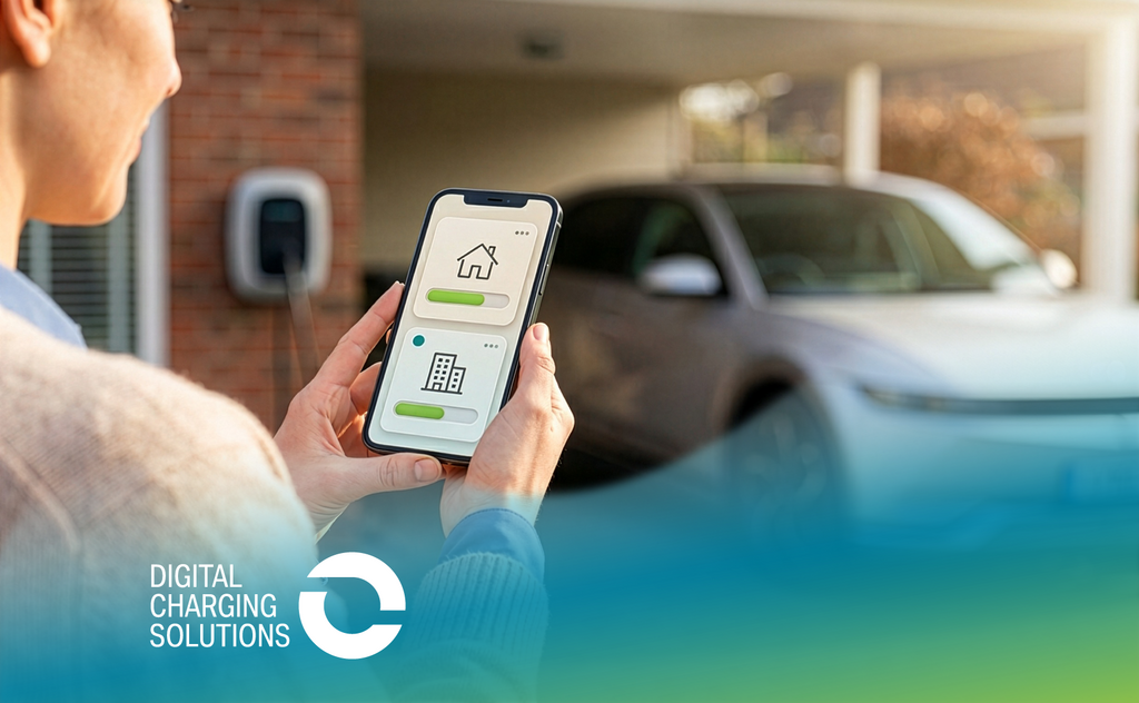 Person steuert Ladevorgang per Smartphone; Auto lädt an einer Wallbox. „Digital Charging Solutions“-Logo unten links.