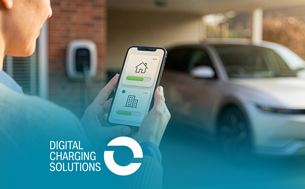 Person controls charging via smartphone; car charging at a wallbox. “Digital Charging Solutions” logo bottom left. – AI-generated image