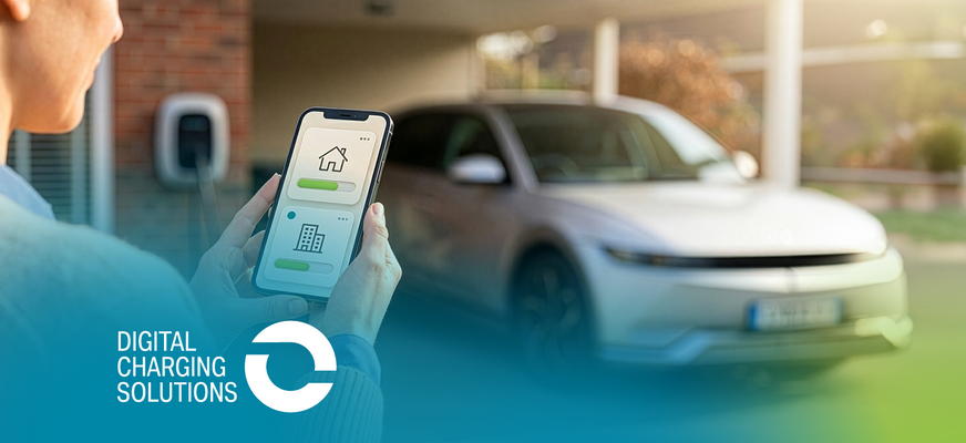 Person steuert Ladevorgang per Smartphone; Auto lädt an einer Wallbox. „Digital Charging Solutions“-Logo unten links. – KI-generiertes Bild
