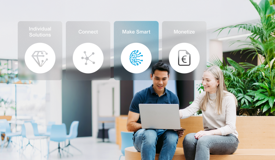 Two employees with laptops in a bright office environment; above them, the four service areas “Individual Solutions,” “Connect,” “Make Smart,” and ‘Monetize’ are displayed as visual navigation tiles. “Make Smart” is highlighted.