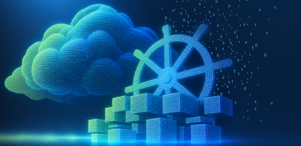 Steering wheel made of binary code with Kubernetes cubes as a symbol for managed cloud operations.