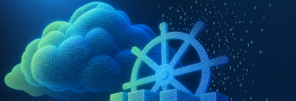 Steuerrad aus Binärcode mit Kubernetes-Würfeln als Symbol für Managed Cloud Operations.