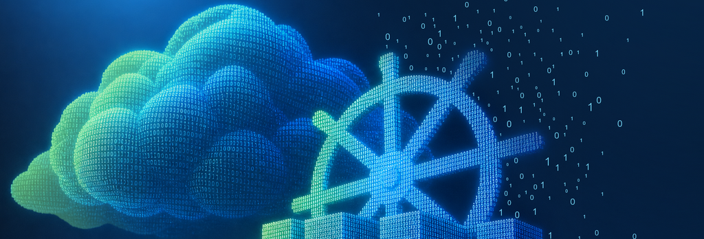 Steuerrad aus Binärcode mit Kubernetes-Würfeln als Symbol für Managed Cloud Operations.
