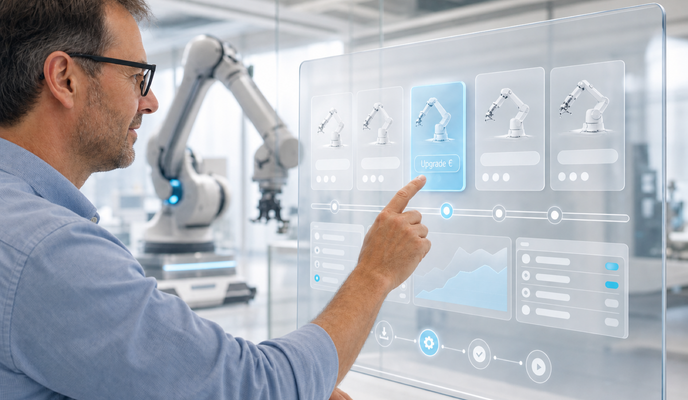 A specialist selects an upgrade package for a robotic arm in a transparent dashboard within a modern mechanical engineering environment. – AI-generated image