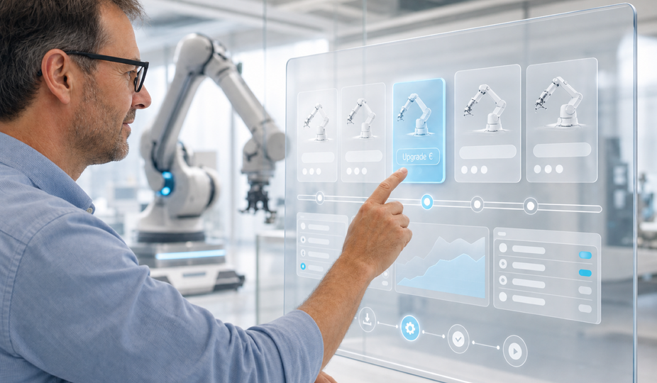 Eine Fachperson wählt in einem transparenten Dashboard ein Upgrade-Paket für einen Roboterarm in einer modernen Maschinenbau-Umgebung aus.