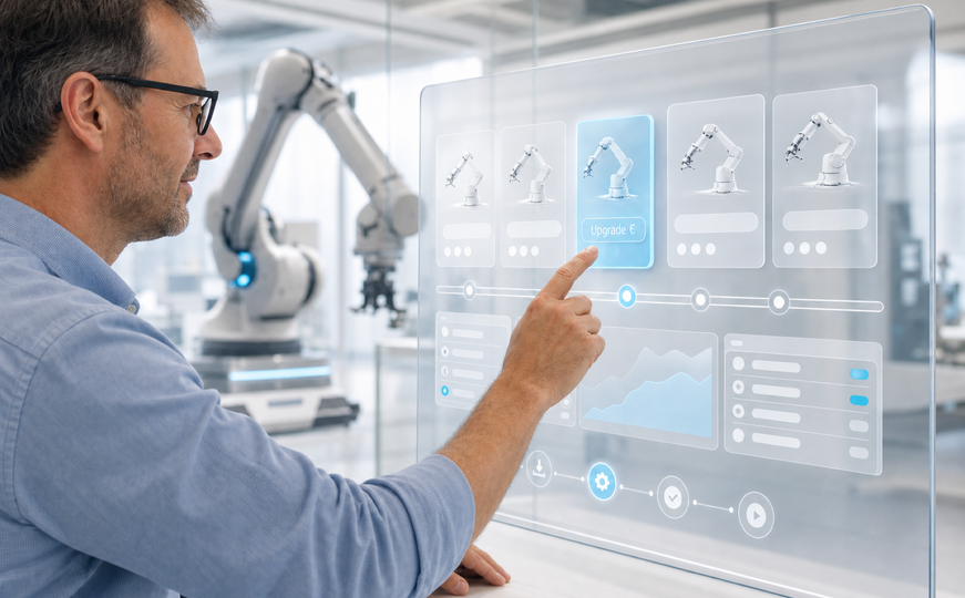 A specialist selects an upgrade package for a robotic arm in a transparent dashboard within a modern mechanical engineering environment. – AI-generated image
