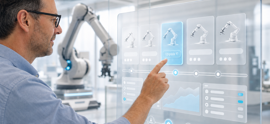 Eine Fachperson wählt in einem transparenten Dashboard ein Upgrade-Paket für einen Roboterarm in einer modernen Maschinenbau-Umgebung aus. – KI-generiertes Bild