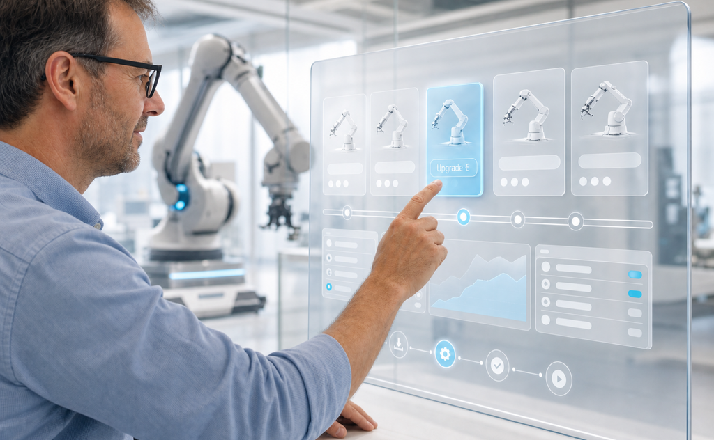 Eine Fachperson wählt in einem transparenten Dashboard ein Upgrade-Paket für einen Roboterarm in einer modernen Maschinenbau-Umgebung aus.