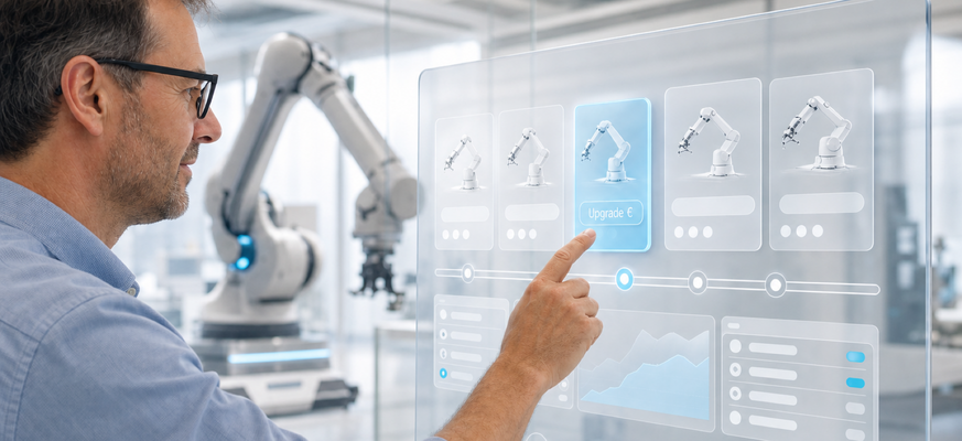 Eine Fachperson wählt in einem transparenten Dashboard ein Upgrade-Paket für einen Roboterarm in einer modernen Maschinenbau-Umgebung aus. – KI-generiertes Bild