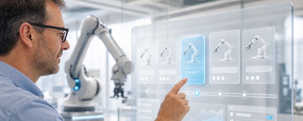 Eine Fachperson wählt in einem transparenten Dashboard ein Upgrade-Paket für einen Roboterarm in einer modernen Maschinenbau-Umgebung aus. – AI-generated image