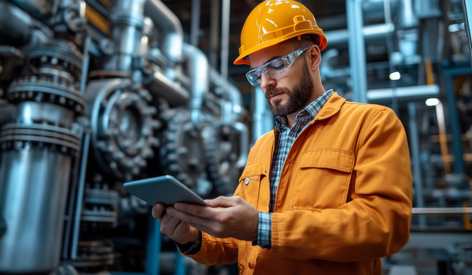 Technician in an industrial facility using a tablet to monitor and control machine data with AI‑powered assistance. – AI-generated image