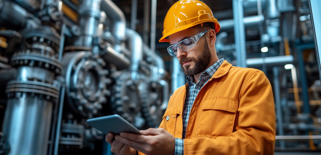 Techniker einer Industrieanlage nutzt ein Tablet, um mithilfe KI‑gestützter Assistenz Maschinendaten zu überwachen und Prozesse zu steuern. – KI-generiertes Bild