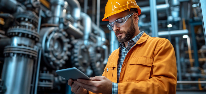 Techniker einer Industrieanlage nutzt ein Tablet, um mithilfe KI‑gestützter Assistenz Maschinendaten zu überwachen und Prozesse zu steuern. – KI-generiertes Bild