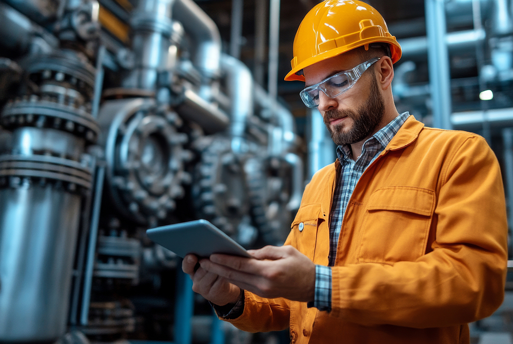 Techniker einer Industrieanlage nutzt ein Tablet, um mithilfe KI‑gestützter Assistenz Maschinendaten zu überwachen und Prozesse zu steuern.