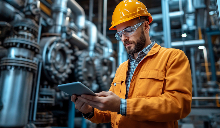 Technician in an industrial facility using a tablet to monitor and control machine data with AI‑powered assistance. – AI-generated image