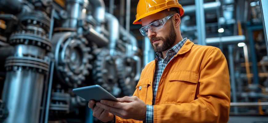 Techniker einer Industrieanlage nutzt ein Tablet, um mithilfe KI‑gestützter Assistenz Maschinendaten zu überwachen und Prozesse zu steuern. – KI-generiertes Bild