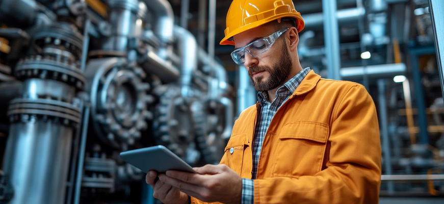 Techniker einer Industrieanlage nutzt ein Tablet, um mithilfe KI‑gestützter Assistenz Maschinendaten zu überwachen und Prozesse zu steuern. – KI-generiertes Bild