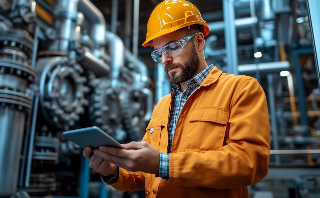 Technician in an industrial facility using a tablet to monitor and control machine data with AI‑powered assistance.