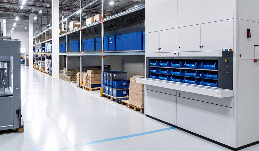 Automatisiertes Lagersystem mit blauen Behältern in modernem Hochregallager – effiziente IoT-Lösung für smarte Logistikprozesse.