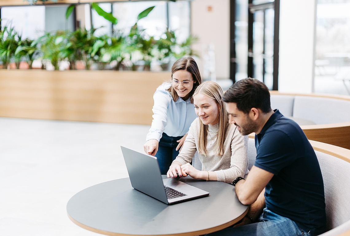 Menschen die auf einen Laptop schauen mit der Anwendung Business Filemanager