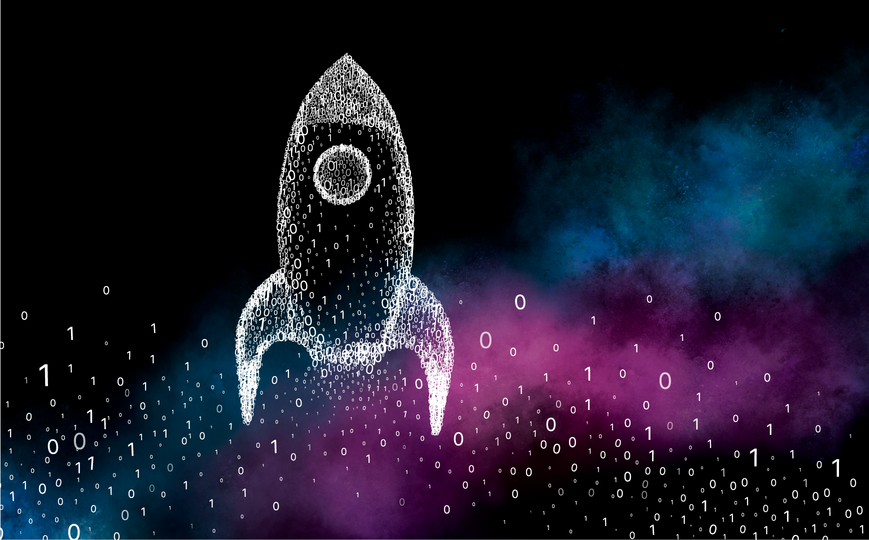 Launching rocket consisting of 0 and 1, floating in the universe