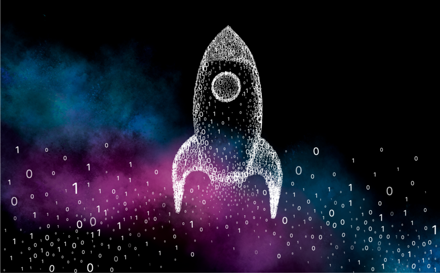 Launching rocket consisting of 0 and 1, floating in the universe