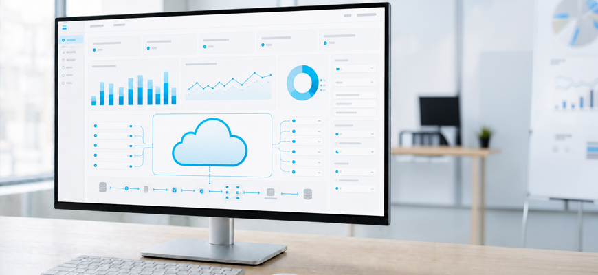 Monitor zeigt eine Cloud-Migration mit Datenvisualisierungen. – KI-generiertes Bild