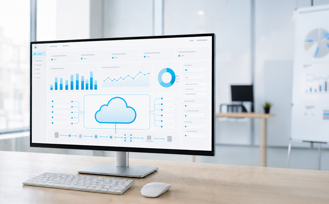 A monitor shows a cloud migration with data visualizations. – AI-generated image
