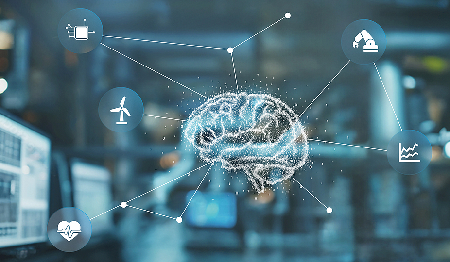 Gehirn bestehend aus 0 und 1 als Symbol für KI mit Verbindungslinien zu diversen Symbolen, die für Vernetzung und Analyse stehen