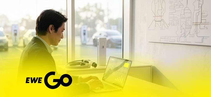 Person arbeitet am Laptop; im Hintergrund E-Ladesäulen. „EWE Go“-Logo unten links. – KI-generiertes Bild