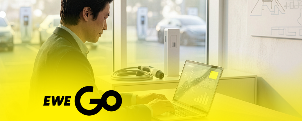 Person arbeitet am Laptop; im Hintergrund E-Ladesäulen. „EWE Go“-Logo unten links. – KI-generiertes Bild