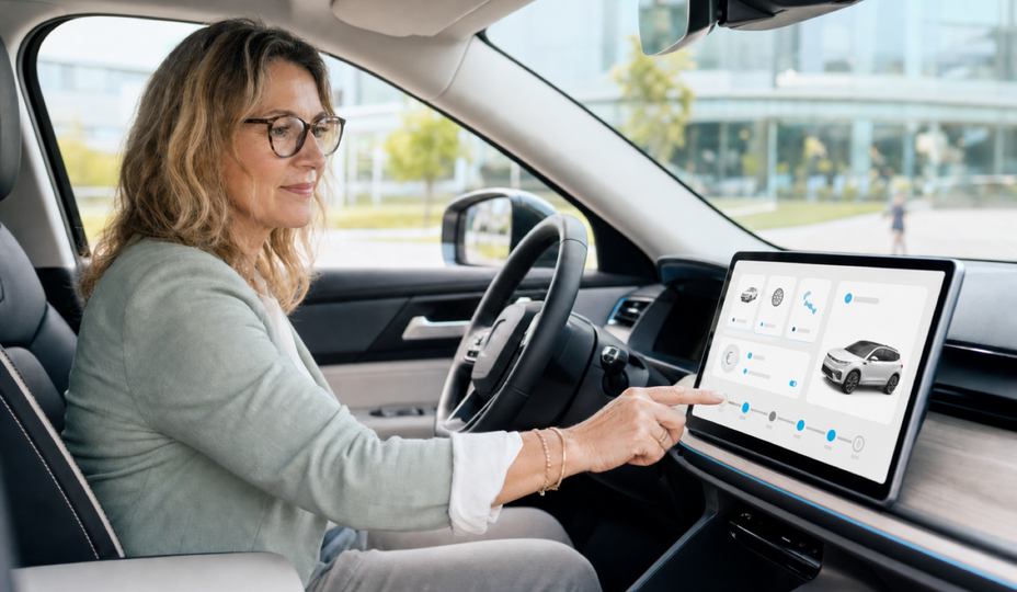 Eine Frau mittleren Alters bedient im modernen Fahrzeug-Cockpit eine helle Subscription- und Connected-Car-Service-Anwendung auf dem Infotainment-Display.