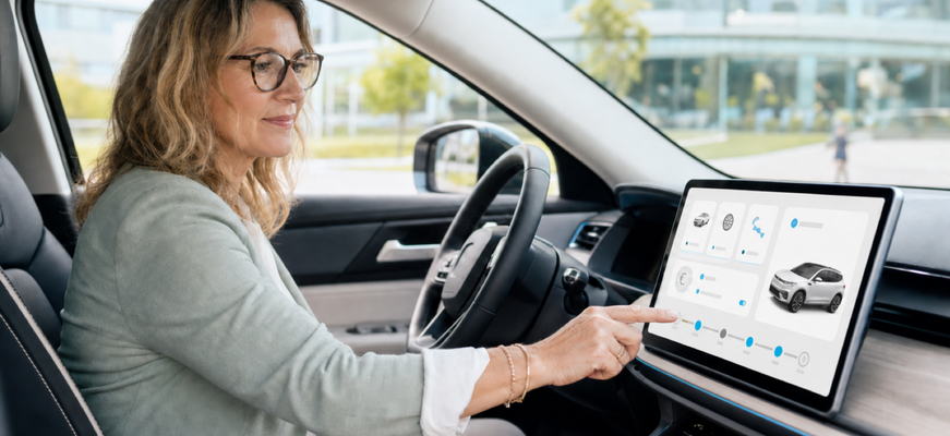 Eine Frau mittleren Alters bedient im modernen Fahrzeug-Cockpit eine helle Subscription- und Connected-Car-Service-Anwendung auf dem Infotainment-Display. – KI-generiertes Bild