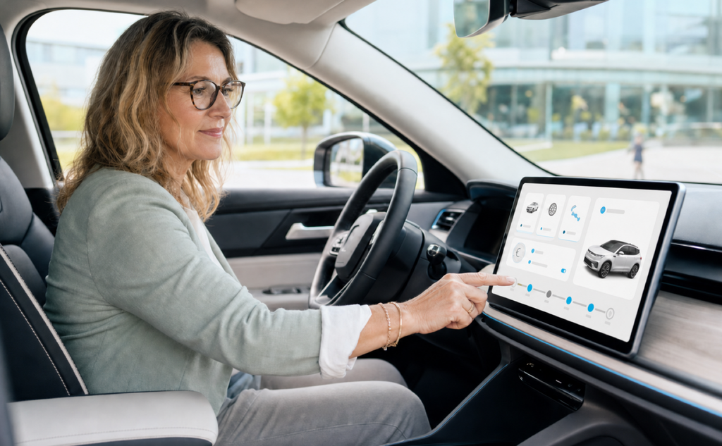 A middle-aged woman uses a bright subscription and connected-car service application on the infotainment display inside a modern vehicle cockpit. – AI-generated image