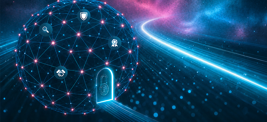 Connected Dataspaces: Abstrakte Darstellung eines Datenraums mit digitalem Tunnel aus Datenpunkten und Verbindungen.