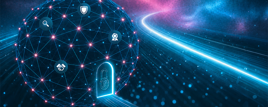 Connected Dataspaces: Abstrakte Darstellung eines Datenraums mit digitalem Tunnel aus Datenpunkten und Verbindungen.