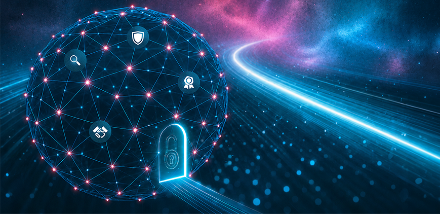 Connected Dataspaces: Abstrakte Darstellung eines Datenraums mit digitalem Tunnel aus Datenpunkten und Verbindungen.
