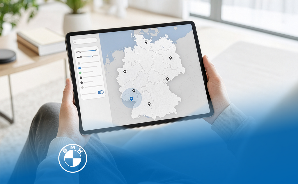 Tablet showing a digital MINI dealer search on a map of Germany.