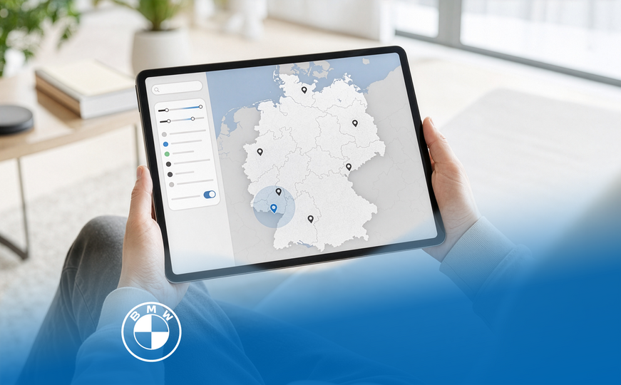 Tablet showing a digital MINI dealer search on a map of Germany.