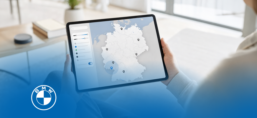 Tablet mit digitaler MINI-Händlersuche auf einer Deutschlandkarte. – KI-generiertes Bild