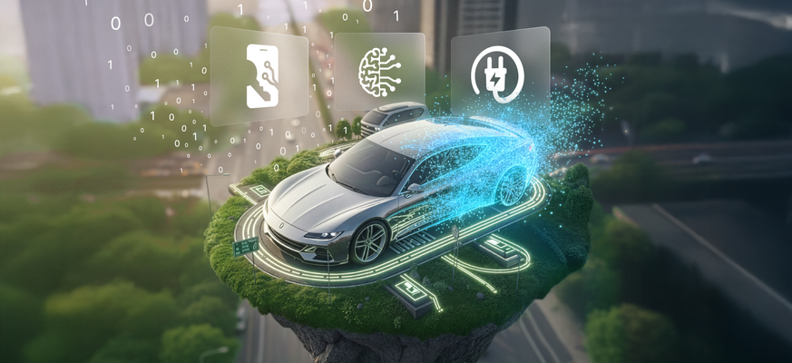 Visualisierung eines digital vernetzten Fahrzeugs über einer Stadt mit Icons für Elektromobilität, Digital Key und Connected Services – Symbolbild für die Digitalisierung der Mobilitätsbranche. – KI-generiertes Bild
