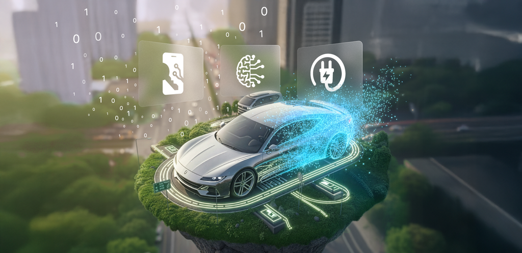 Visualization of a digitally connected vehicle above a city with icons for electromobility, digital key, and connected services – symbolic image of the digital transformation in the mobility industry.