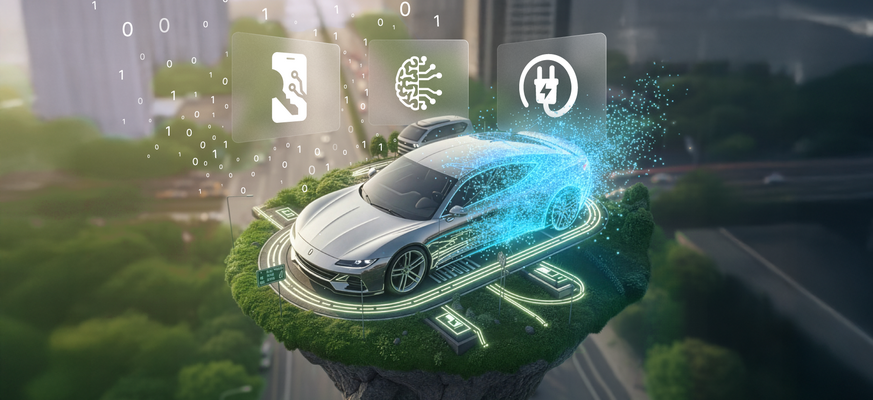 Visualisierung eines digital vernetzten Fahrzeugs über einer Stadt mit Icons für Elektromobilität, Digital Key und Connected Services – Symbolbild für die Digitalisierung der Mobilitätsbranche. – KI-generiertes Bild