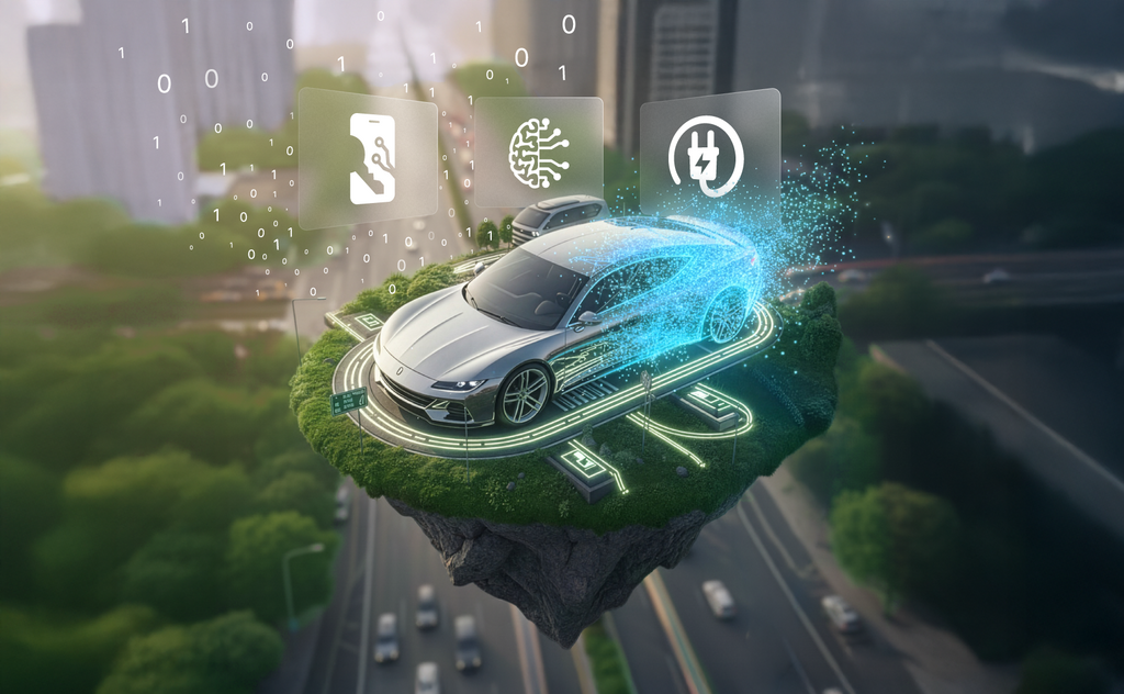 Visualisierung eines digital vernetzten Fahrzeugs über einer Stadt mit Icons für Elektromobilität, Digital Key und Connected Services – Symbolbild für die Digitalisierung der Mobilitätsbranche.